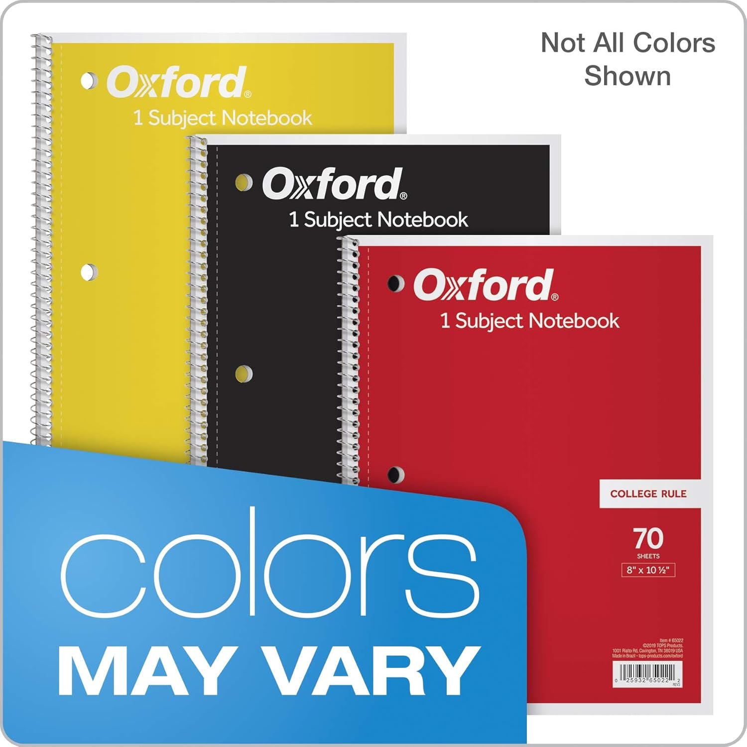 Spiral Notebook 6 Pack, 1 Subject, College Ruled Paper, 8 X 10-1/2 Inch, Color Assortment Design May Vary (65007)