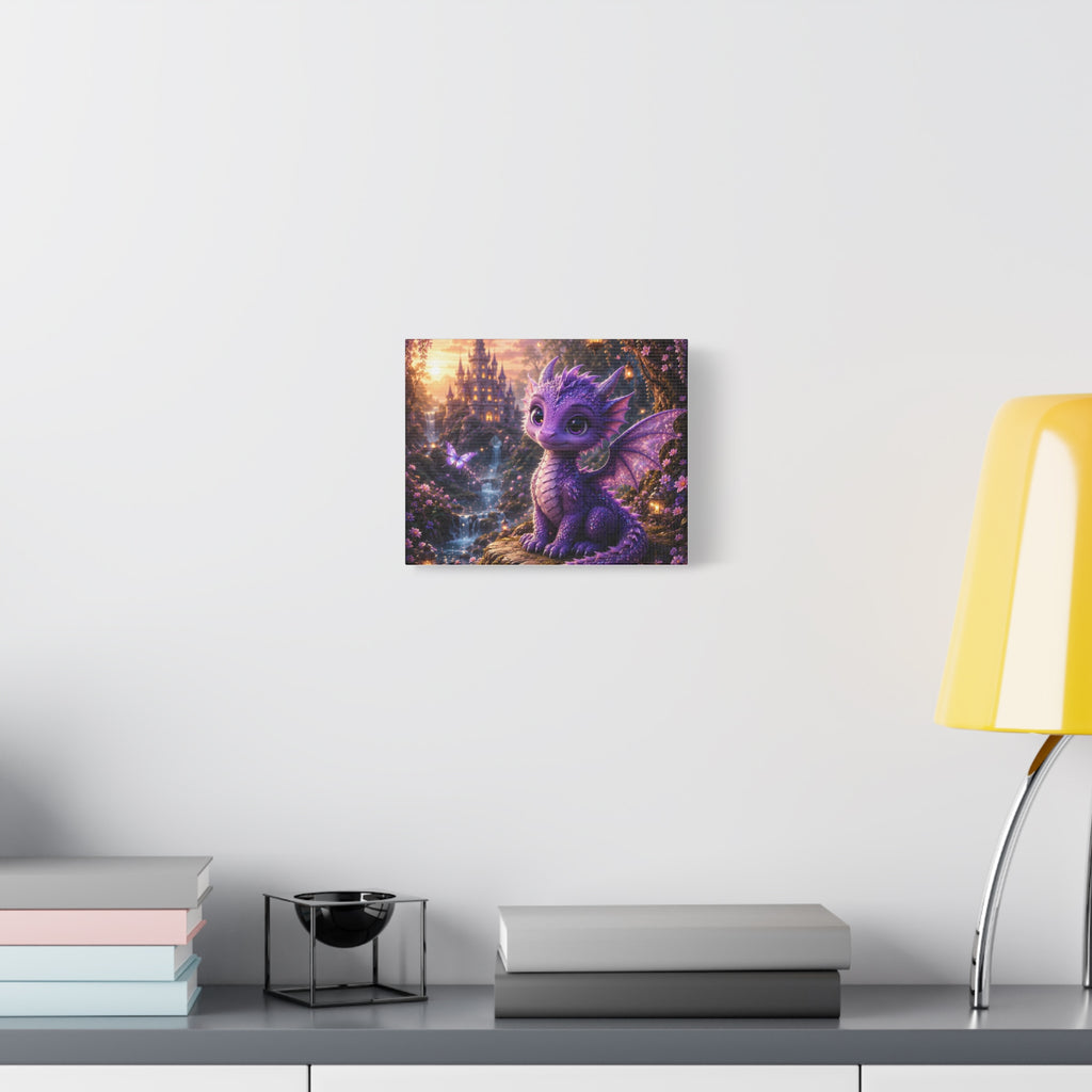 Enchanted Baby Dragon Canvas Wall Art | Fantasy Castle Decor | Whimsical Purple Dragon Print