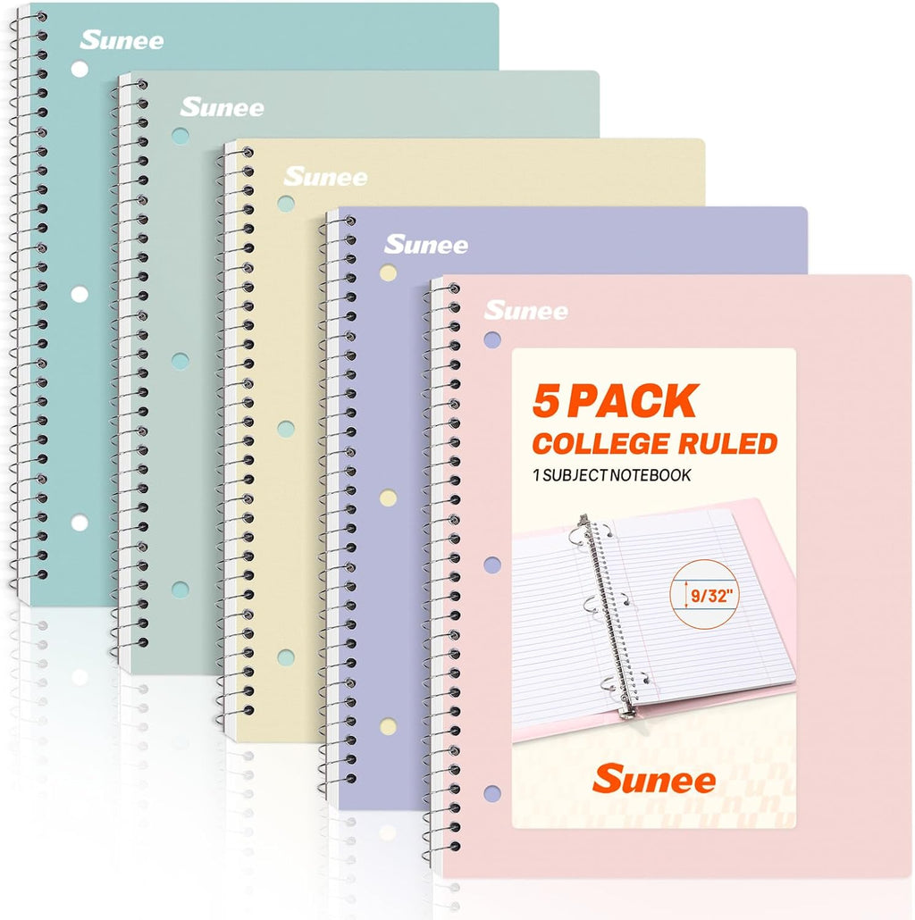 Spiral Notebooks, 1-Subject, 5 Pack, College Ruled Paper, 8" X 10-1/2", 70 Sheets per Notebook,3-Hole Punched Paper, Pink,Purple, Blue, Green, Yellow Spiral Lined Notebooks for School,Work