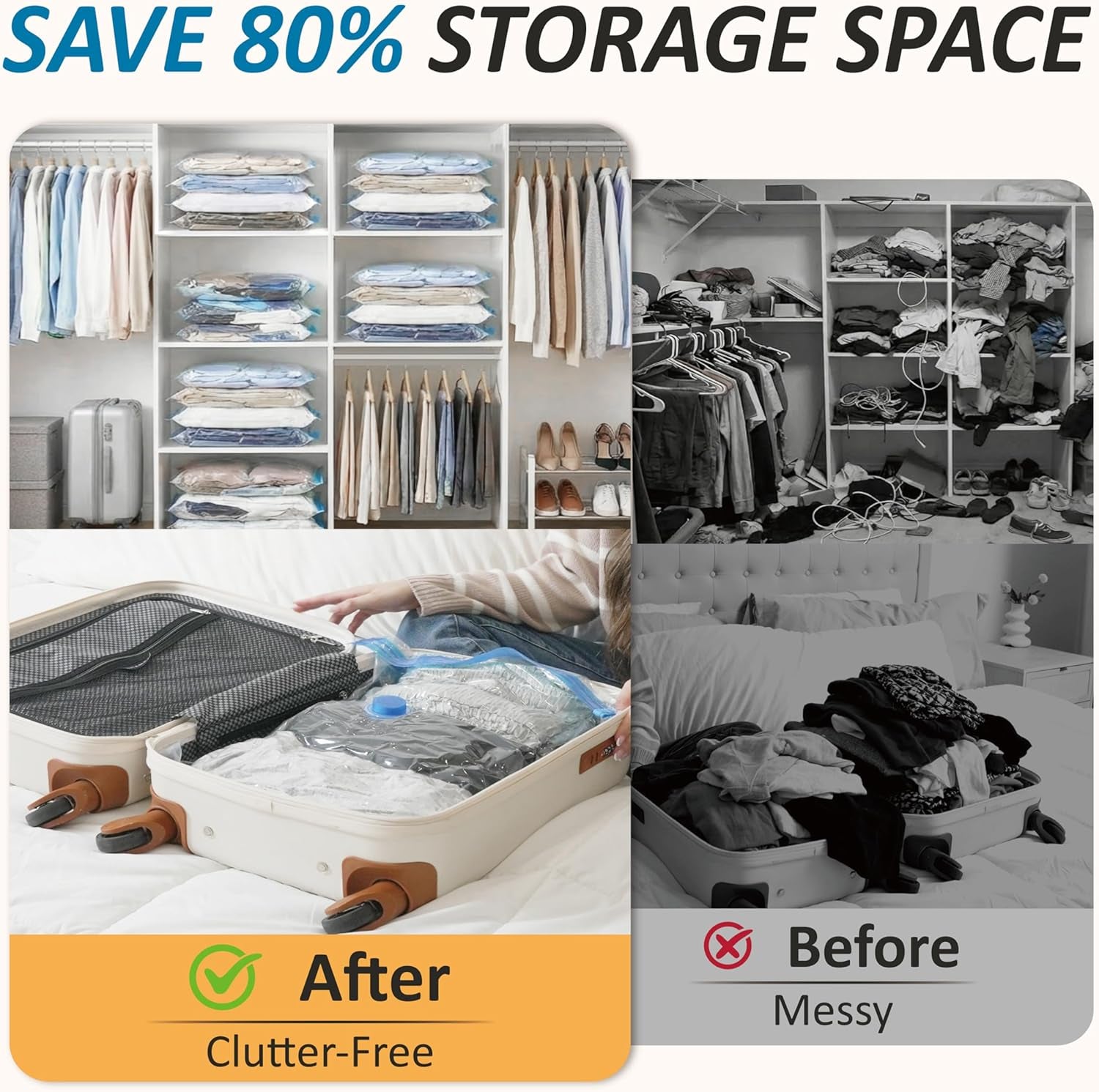 Vacuum Storage Bags, 80% Compression Vacuum Seal Space Saver Plastic Packaging Bags for Clothes, Blankets, Pillow, Bedding, Comforters, Sealer Clothing Storage,20 Combo