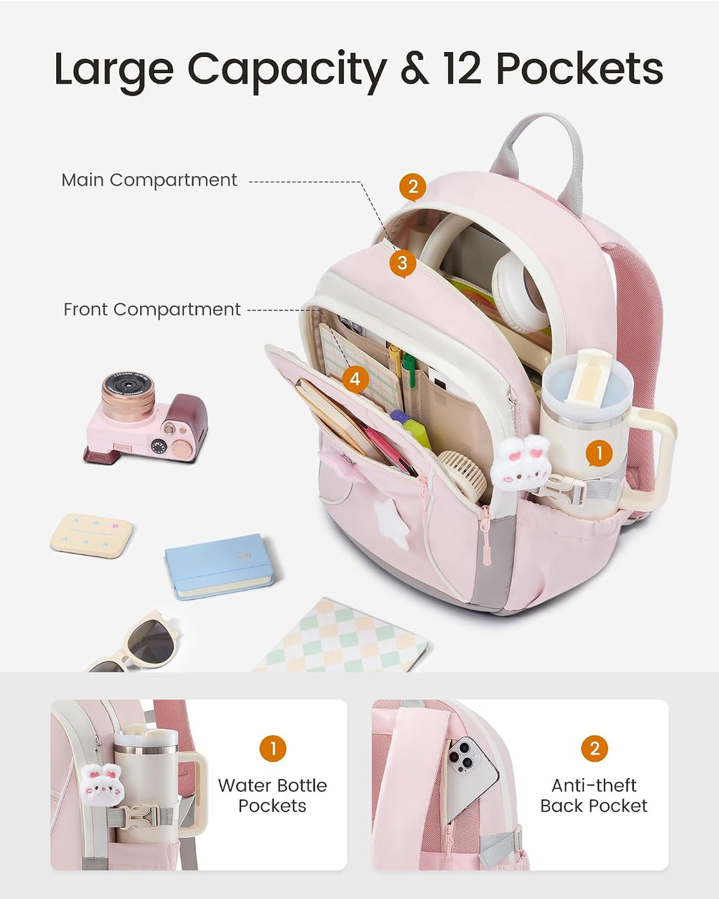 Cute School Backpack for Teen Girls & Kids, 15.6" Laptop Backpack | Lightweight Waterproof Bookbag for Girls 8-16 with Pins & Charm, Back to School Gifts for Elementary Middle School Students