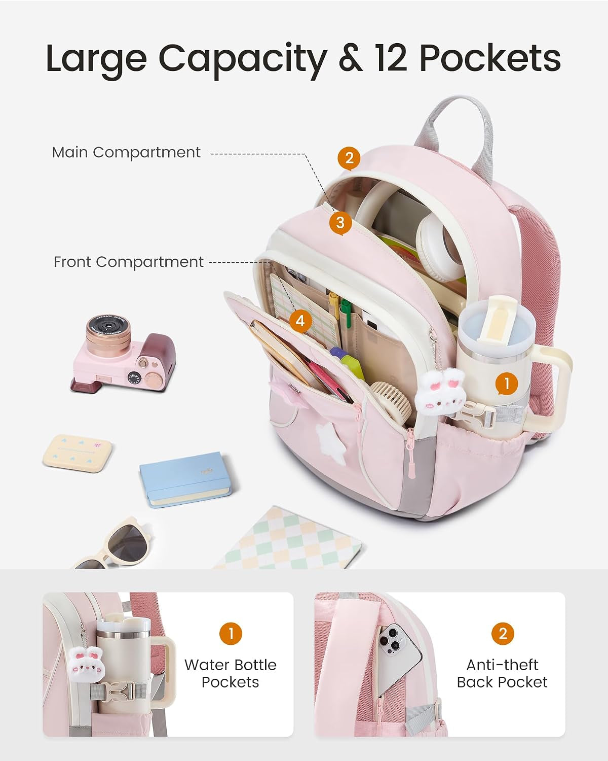Cute School Backpack for Teen Girls & Kids, 15.6" Laptop Backpack | Lightweight Waterproof Bookbag for Girls 8-16 with Pins & Charm, Back to School Gifts for Elementary Middle School Students