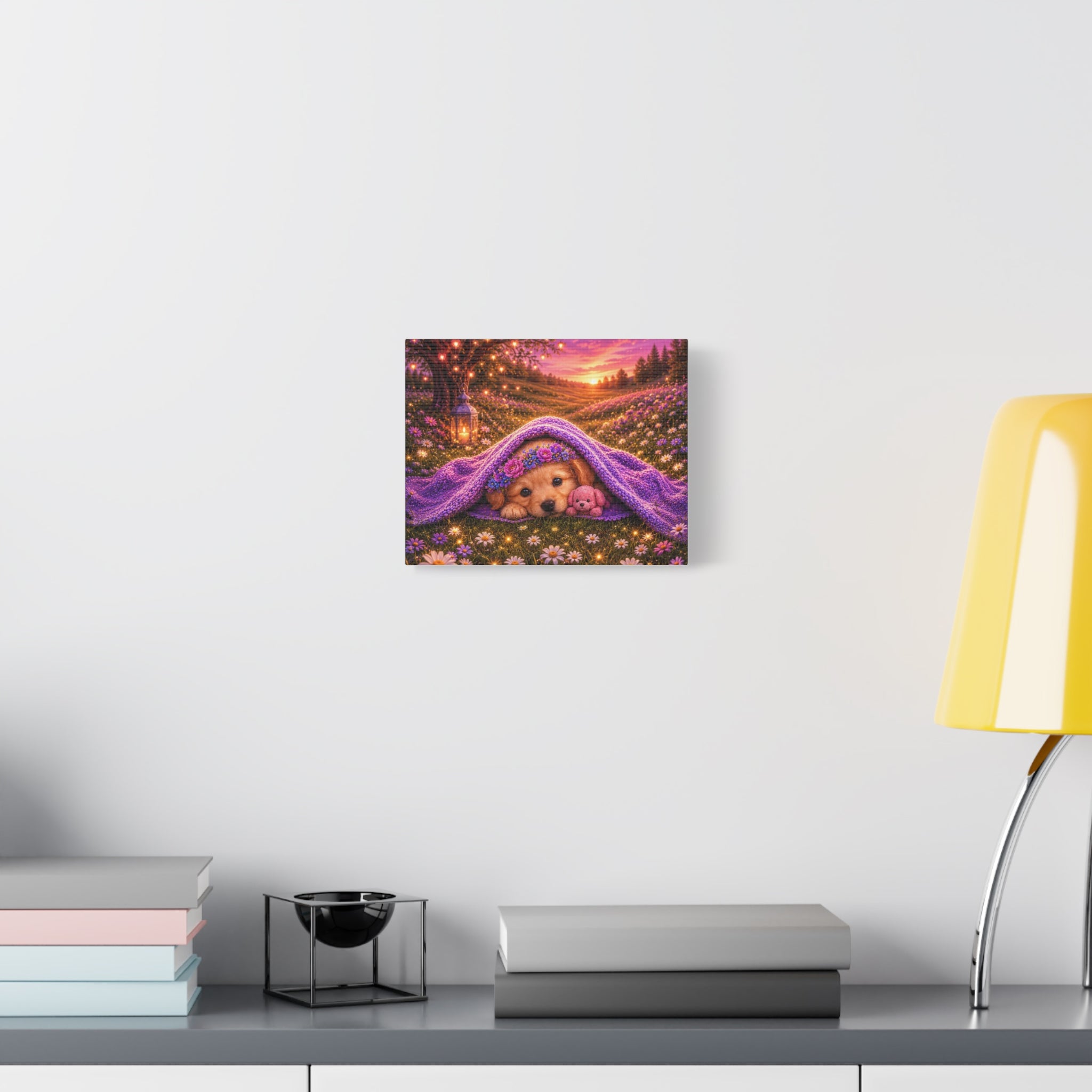 Sleeping Golden Retriever Puppy Canvas Wall Art | Cozy Nursery Decor | Whimsical Sunset Meadow Print
