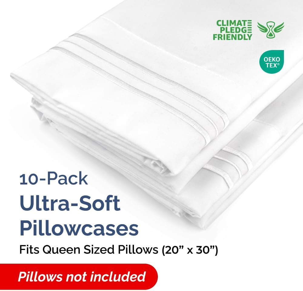 Queen Pillow Cases Set of 10 - Ultra Soft Cozy Pillowcase Covers - White | Hotel Quality, Comfortable Bedding for Women, Men, Kids & Teens, Machine Washable Pillow Protectors, 10 Piece Set, Queen Size