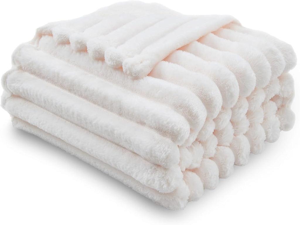 Fleece Ribbed Cozy Throw Blanket for Couch, Ivory, 50"X60" | Premium Silky Flannel Blanket, Soft Lightweight Fluffy Throw Blanket for Bed Sofa Decor, Gift for All Season Use
