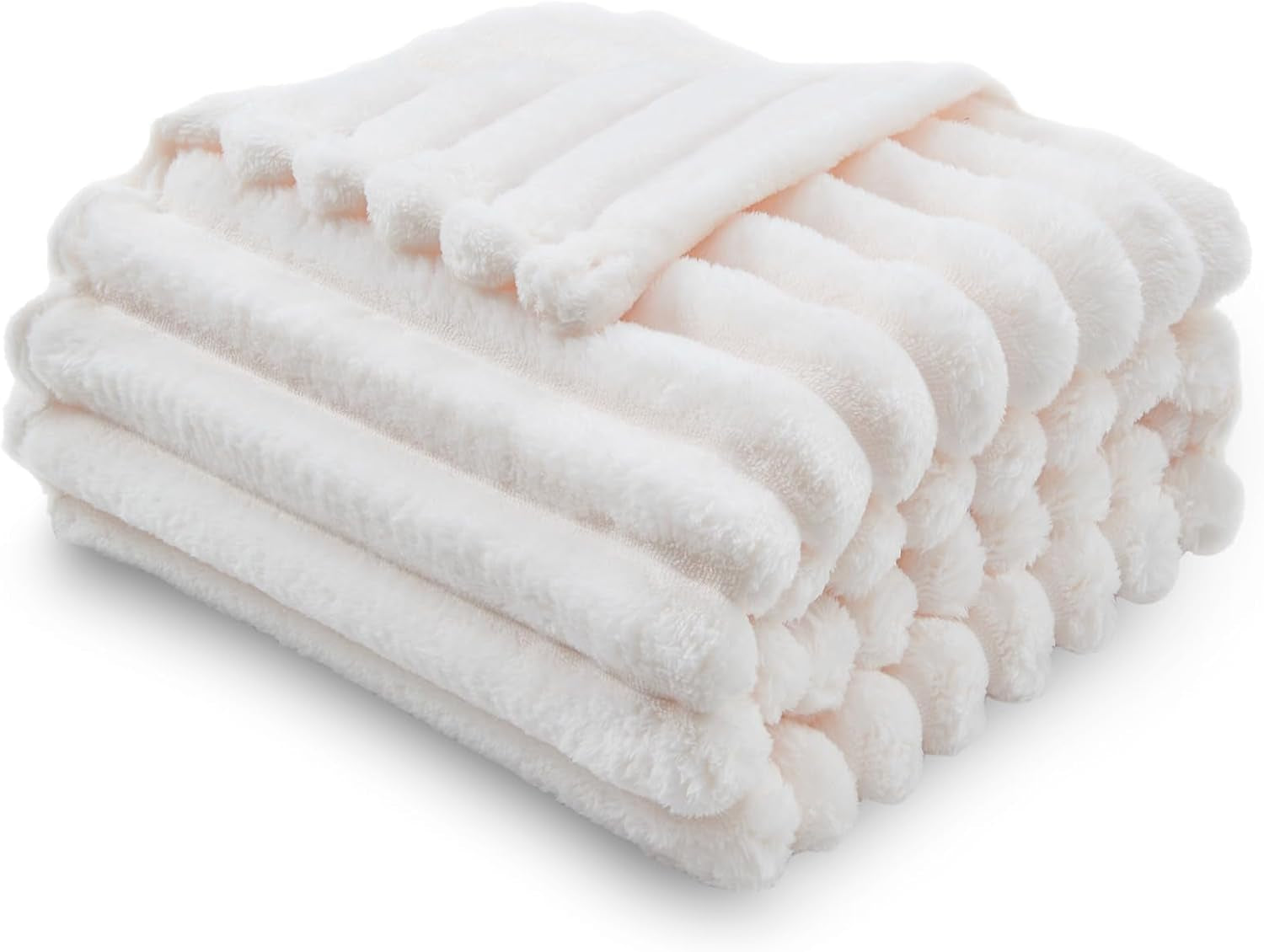Fleece Ribbed Cozy Throw Blanket for Couch, Ivory, 50"X60" | Premium Silky Flannel Blanket, Soft Lightweight Fluffy Throw Blanket for Bed Sofa Decor, Gift for All Season Use