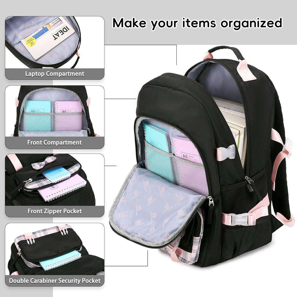 Cute School Backpack for Girls Backpack for School Bag Bookbag Set with Lunch Box Teen Girl Backpacks for Girls Teens (Black)