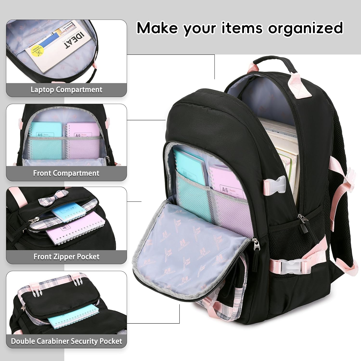 Cute School Backpack for Girls Backpack for School Bag Bookbag Set with Lunch Box Teen Girl Backpacks for Girls Teens (Black)