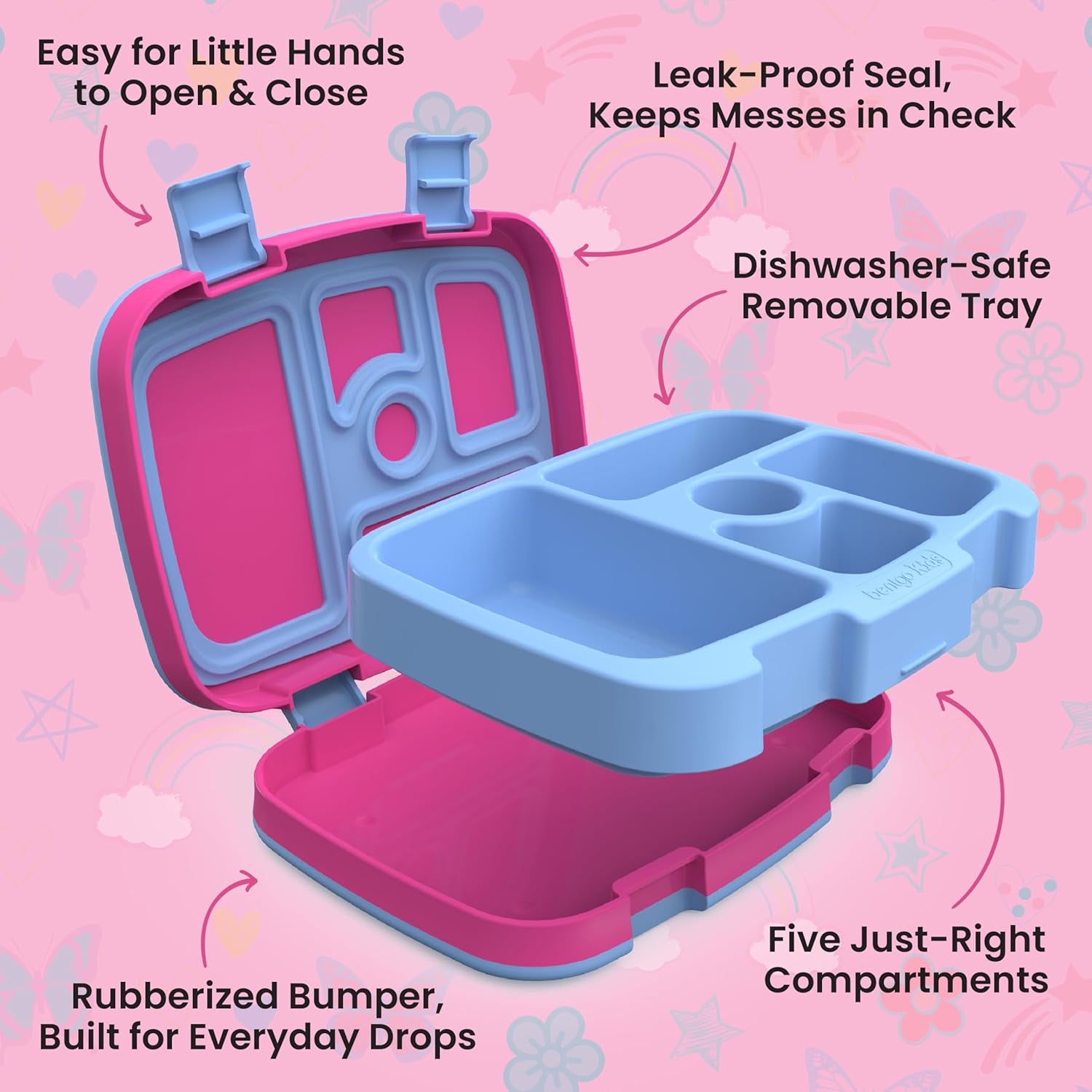 Bentgo Kids Prints Leak-Proof 5-Compartment Bento-Style Kids Lunch Box | Ideal Portion Sizes for Ages 3-7, Durable, Drop-Proof, Dishwasher Safe, PFAS & Bpa-Free Materials (Rainbows and Butterflies)
