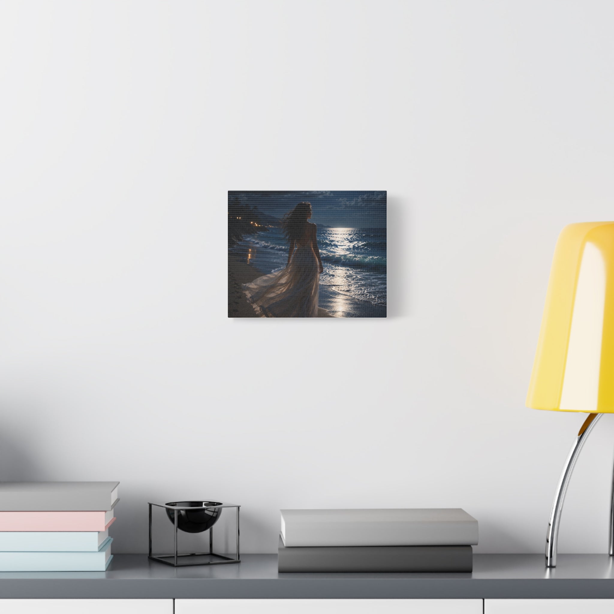 Moonlight beach serenity wall art elegant woman by the ocean canvas print
