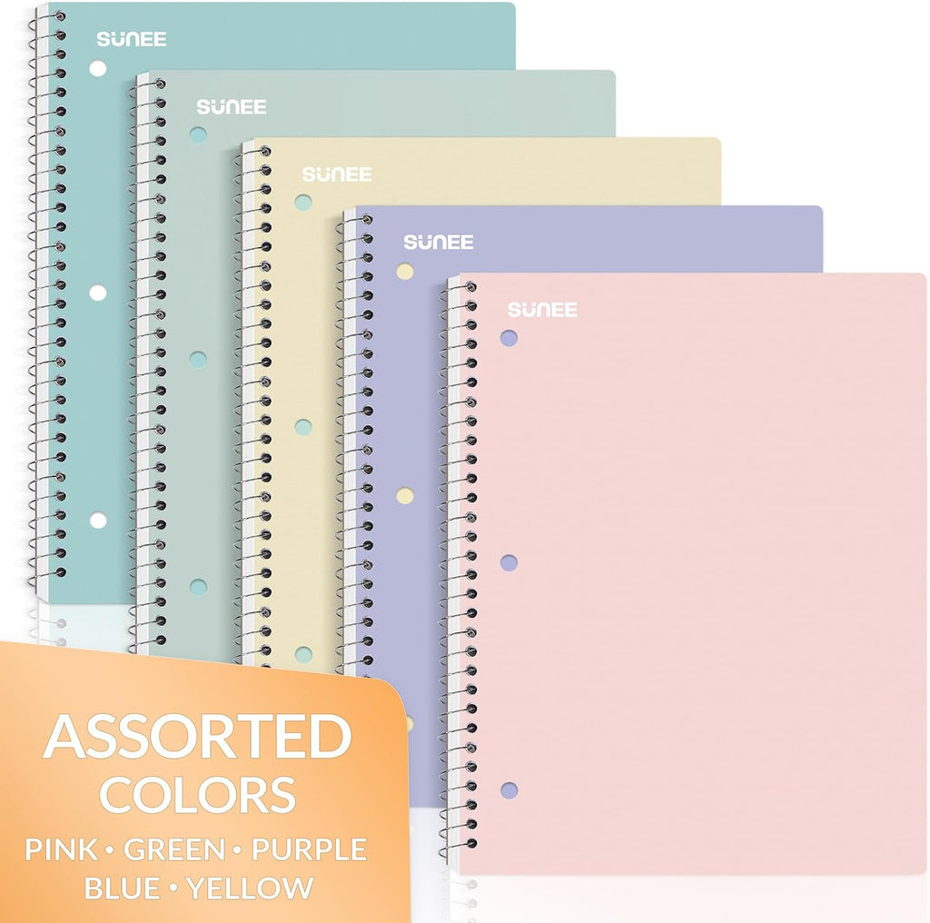 Spiral Notebooks, 1-Subject, 5 Pack, College Ruled Paper, 8" X 10-1/2", 70 Sheets per Notebook,3-Hole Punched Paper, Pink,Purple, Blue, Green, Yellow Spiral Lined Notebooks for School,Work