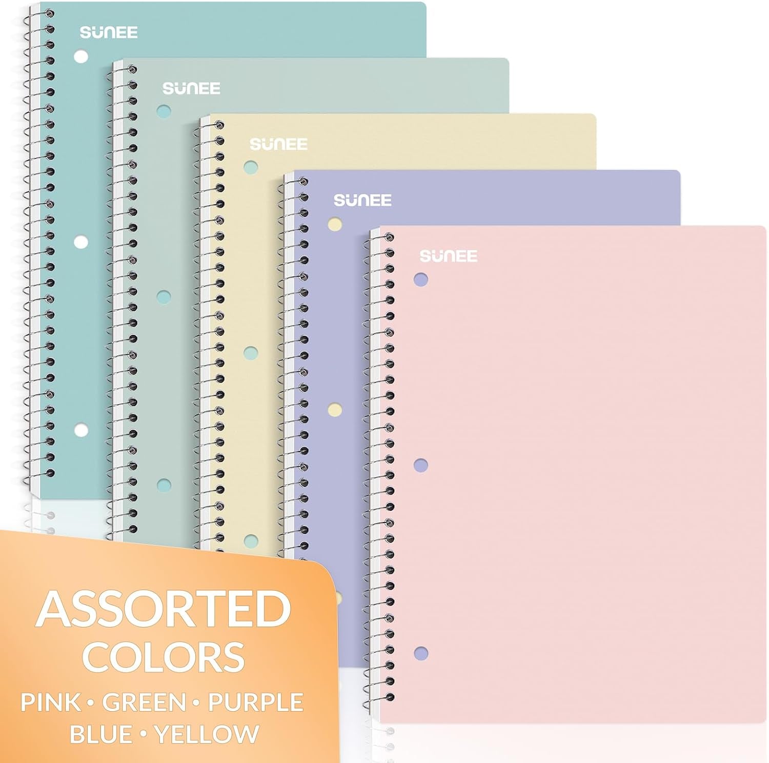 Spiral Notebooks, 1-Subject, 5 Pack, College Ruled Paper, 8" X 10-1/2", 70 Sheets per Notebook,3-Hole Punched Paper, Pink,Purple, Blue, Green, Yellow Spiral Lined Notebooks for School,Work