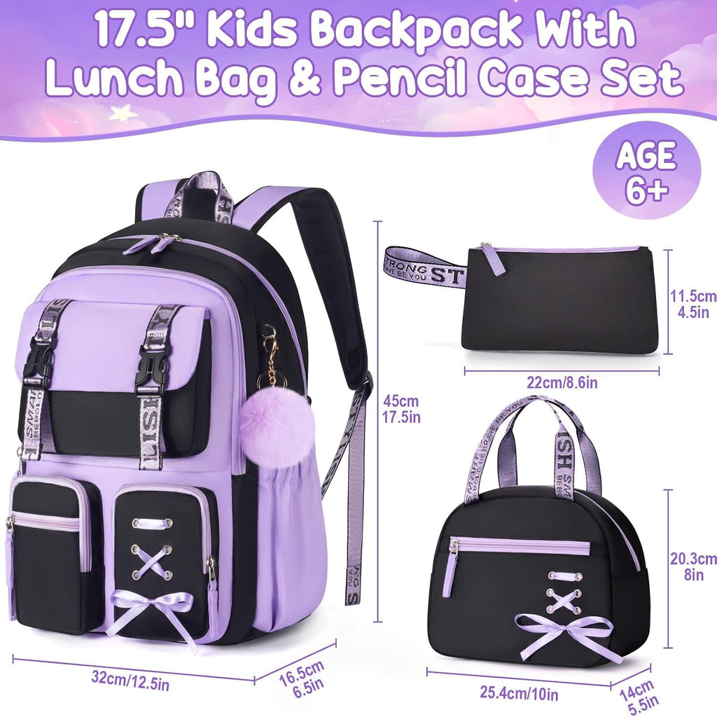 Backpack for Girls, 3 PCS Waterproof Girls Backpack with Lunch Box | W/ Pencil Case, Kid Backpacks for Teen Girl Kindergarten Elementary Middle High School Student Back to School Kid Bookbag Set