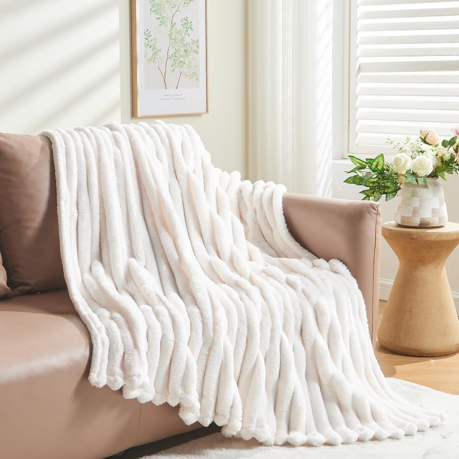 Fleece Ribbed Cozy Throw Blanket for Couch, Ivory, 50"X60" | Premium Silky Flannel Blanket, Soft Lightweight Fluffy Throw Blanket for Bed Sofa Decor, Gift for All Season Use