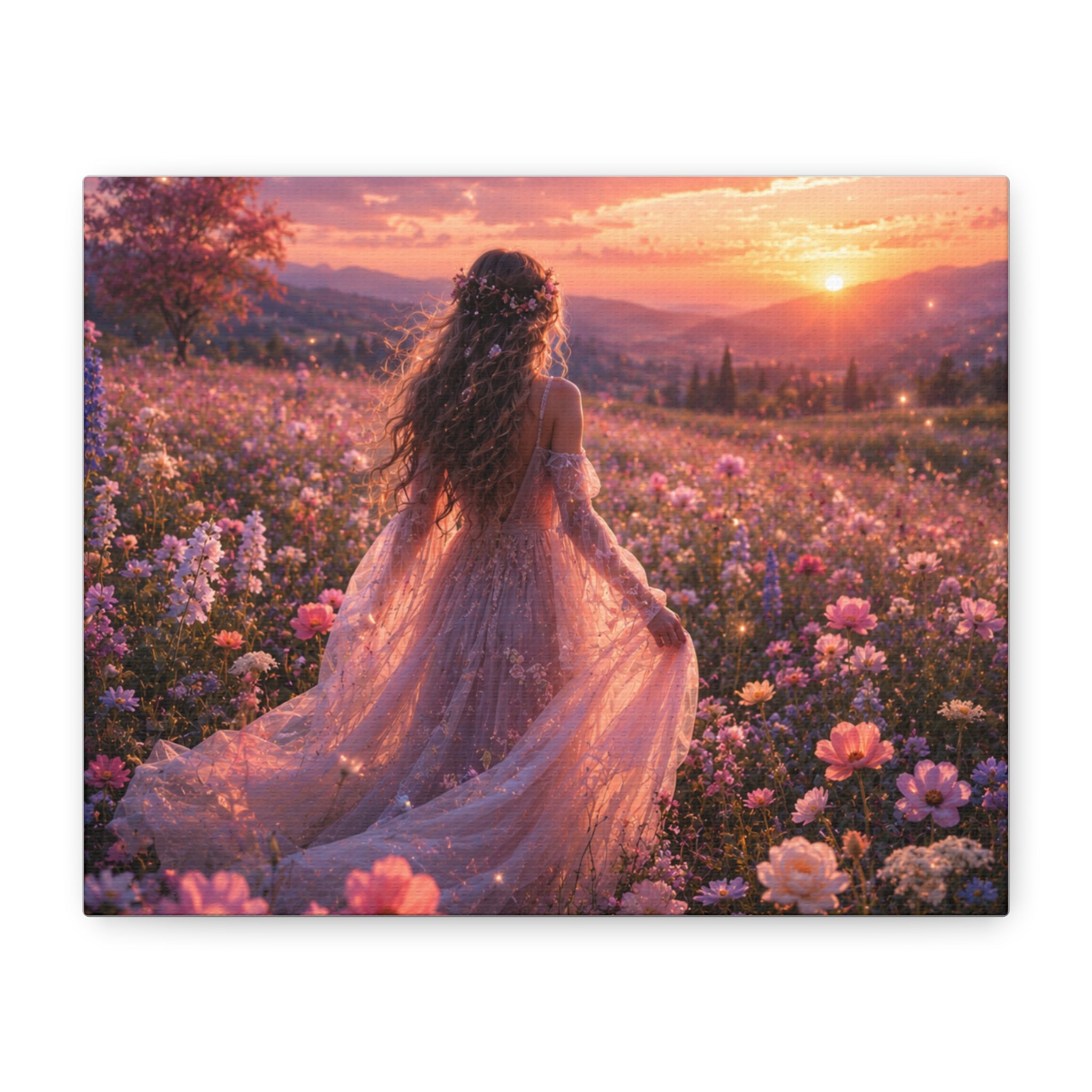 Blooming Wildflower Sunset Canvas Wall Art | Romantic Floral Landscape | Feminine Nature Decor