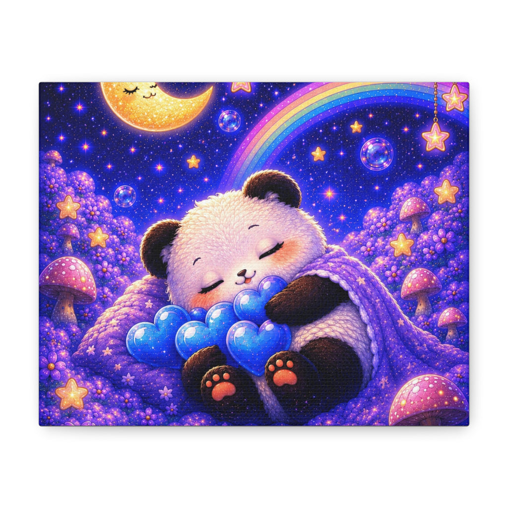 Sleeping Baby Panda Canvas Wall Art | Whimsical Nursery Decor | Dreamy Moon & Rainbow Print