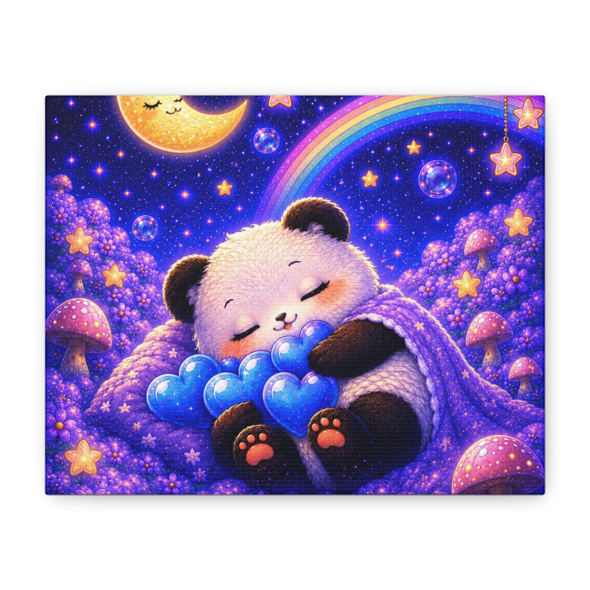 Sleeping Baby Panda Canvas Wall Art | Whimsical Nursery Decor | Dreamy Moon & Rainbow Print