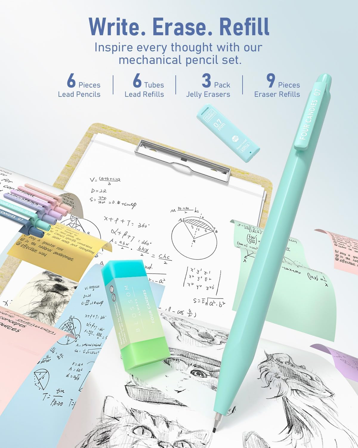 School Supplies with Cute Pen Case, 39Ct, Blue | Back to School Stationery Set, Essentials for College & Nursing Students, 5 Gel Pens, 6 Mechanical Pencils, 12 Highlighters