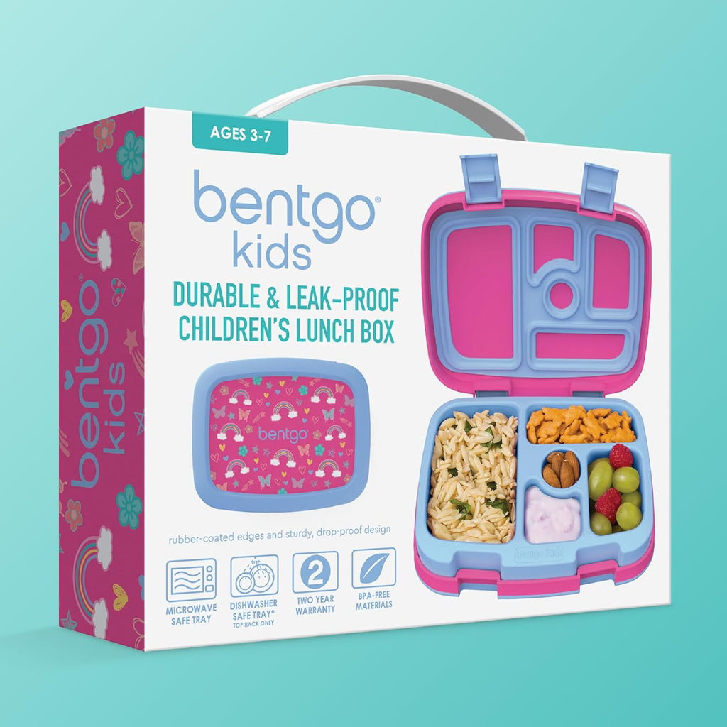 Bentgo Kids Prints Leak-Proof 5-Compartment Bento-Style Kids Lunch Box | Ideal Portion Sizes for Ages 3-7, Durable, Drop-Proof, Dishwasher Safe, PFAS & Bpa-Free Materials (Rainbows and Butterflies)