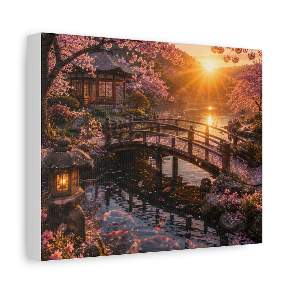 Enchanted garden bridge wall art cozy cottage floral landscape canvas print