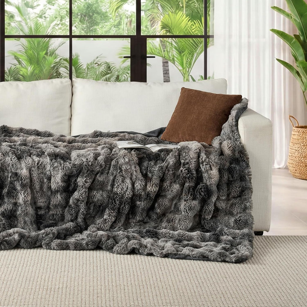 Faux Fur Blanket Tie-Dye Dark Gray Twin Size - Big Bubble Rabbit Fluff Throw for Couch Small Fluffy Fuzzy Cozy Thick Furry Plush Shaggy Blankets 60X80 Inches