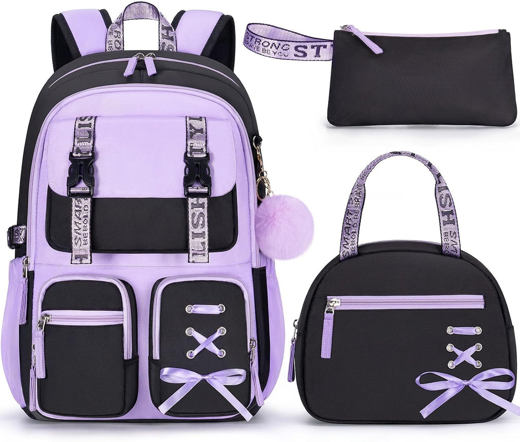 Backpack for Girls, 3 PCS Waterproof Girls Backpack with Lunch Box | W/ Pencil Case, Kid Backpacks for Teen Girl Kindergarten Elementary Middle High School Student Back to School Kid Bookbag Set