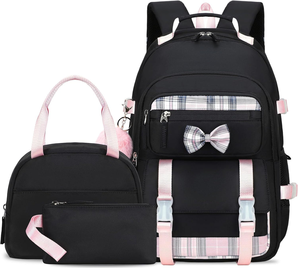 Cute School Backpack for Girls Backpack for School Bag Bookbag Set with Lunch Box Teen Girl Backpacks for Girls Teens (Black)