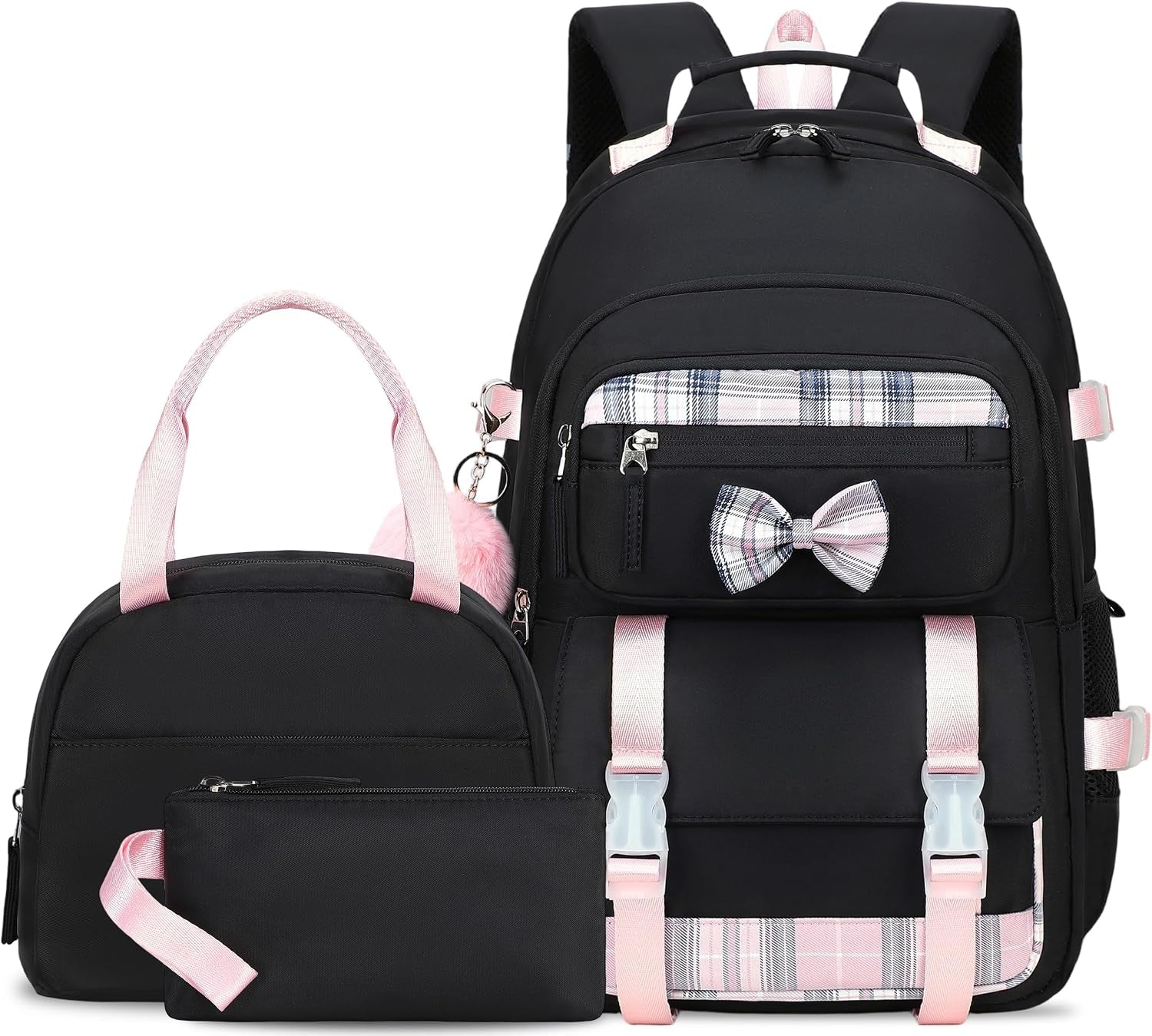 Cute School Backpack for Girls Backpack for School Bag Bookbag Set with Lunch Box Teen Girl Backpacks for Girls Teens (Black)
