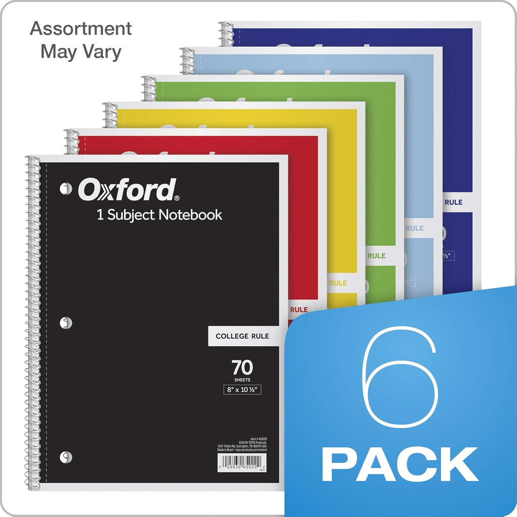 Spiral Notebook 6 Pack, 1 Subject, College Ruled Paper, 8 X 10-1/2 Inch, Color Assortment Design May Vary (65007)