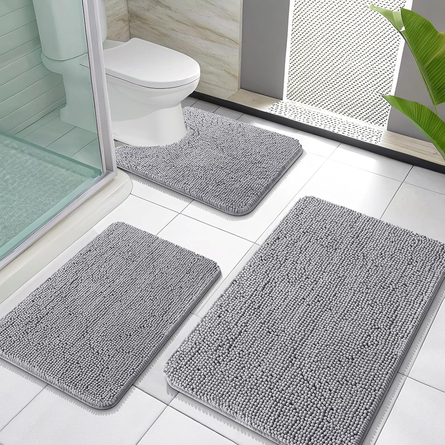 Chenille Bathroom Rugs Sets 3 Piece, 30"X20"+24"X16"+24"X20", Grey | Soft Absorbent Bath Mat and U-Shaped Contour Toilet Rug Set, Quick Dry, Machine Washable Bath Carpet, Home Decor Accessories