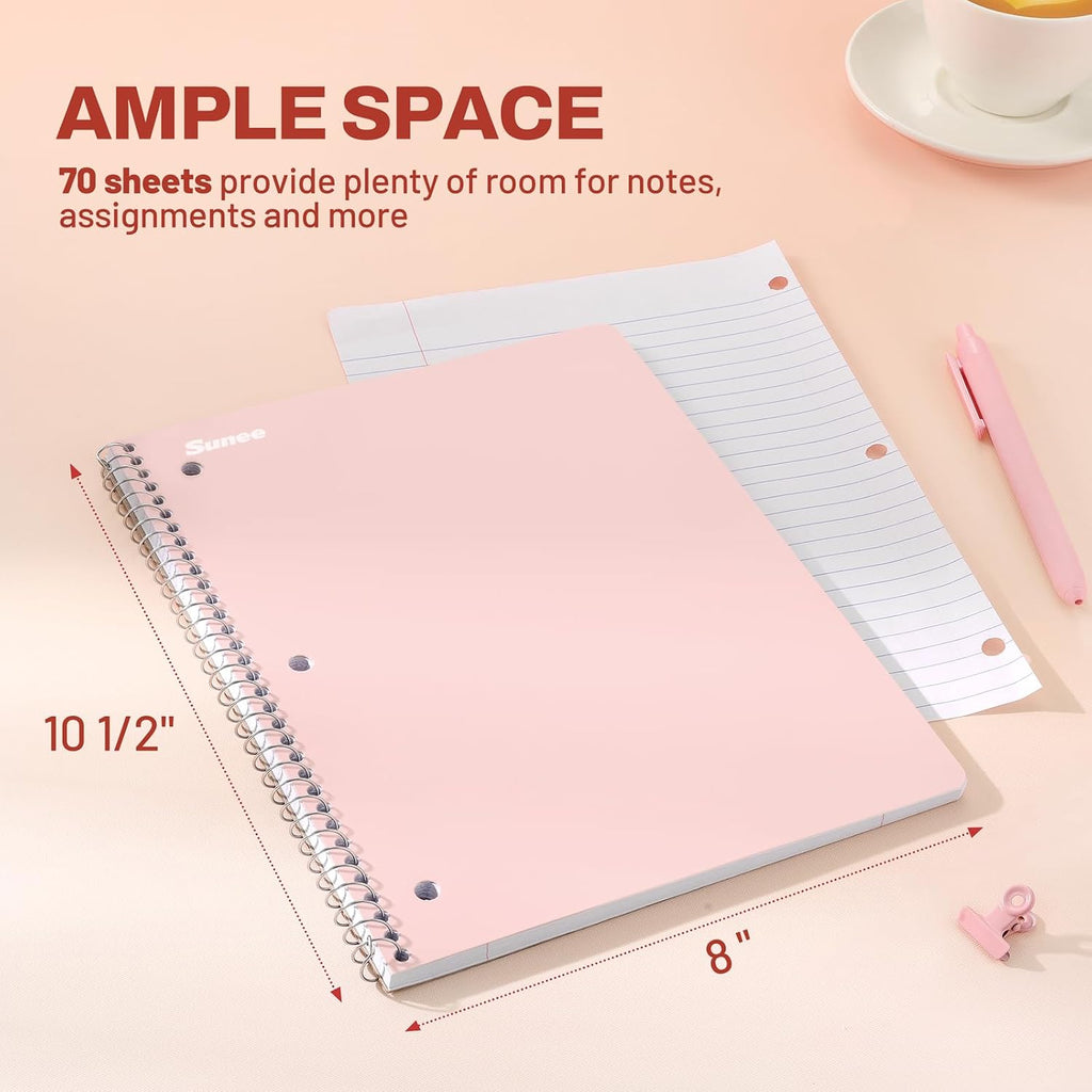 Spiral Notebooks, 1-Subject, 5 Pack, College Ruled Paper, 8" X 10-1/2", 70 Sheets per Notebook,3-Hole Punched Paper, Pink,Purple, Blue, Green, Yellow Spiral Lined Notebooks for School,Work