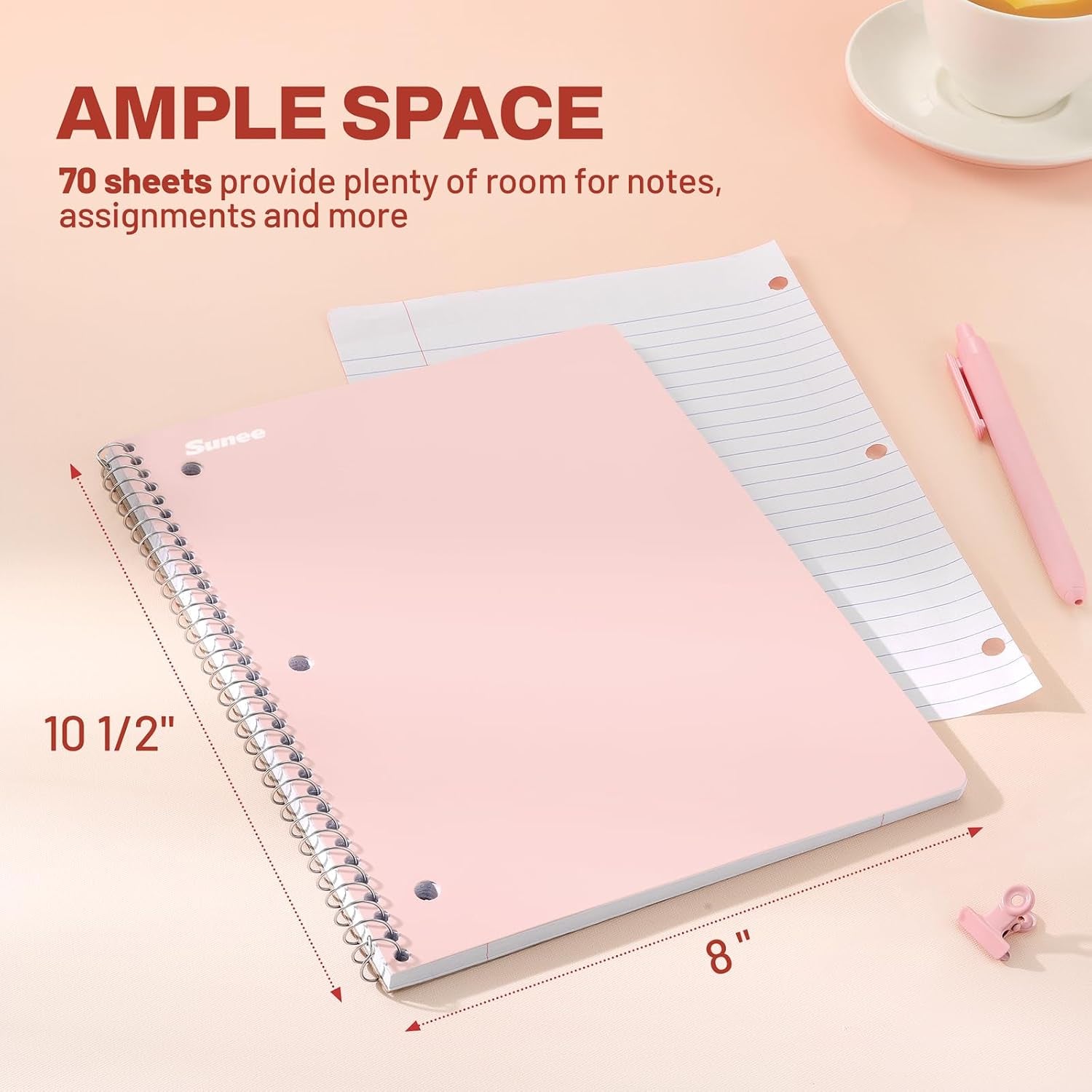 Spiral Notebooks, 1-Subject, 5 Pack, College Ruled Paper, 8" X 10-1/2", 70 Sheets per Notebook,3-Hole Punched Paper, Pink,Purple, Blue, Green, Yellow Spiral Lined Notebooks for School,Work