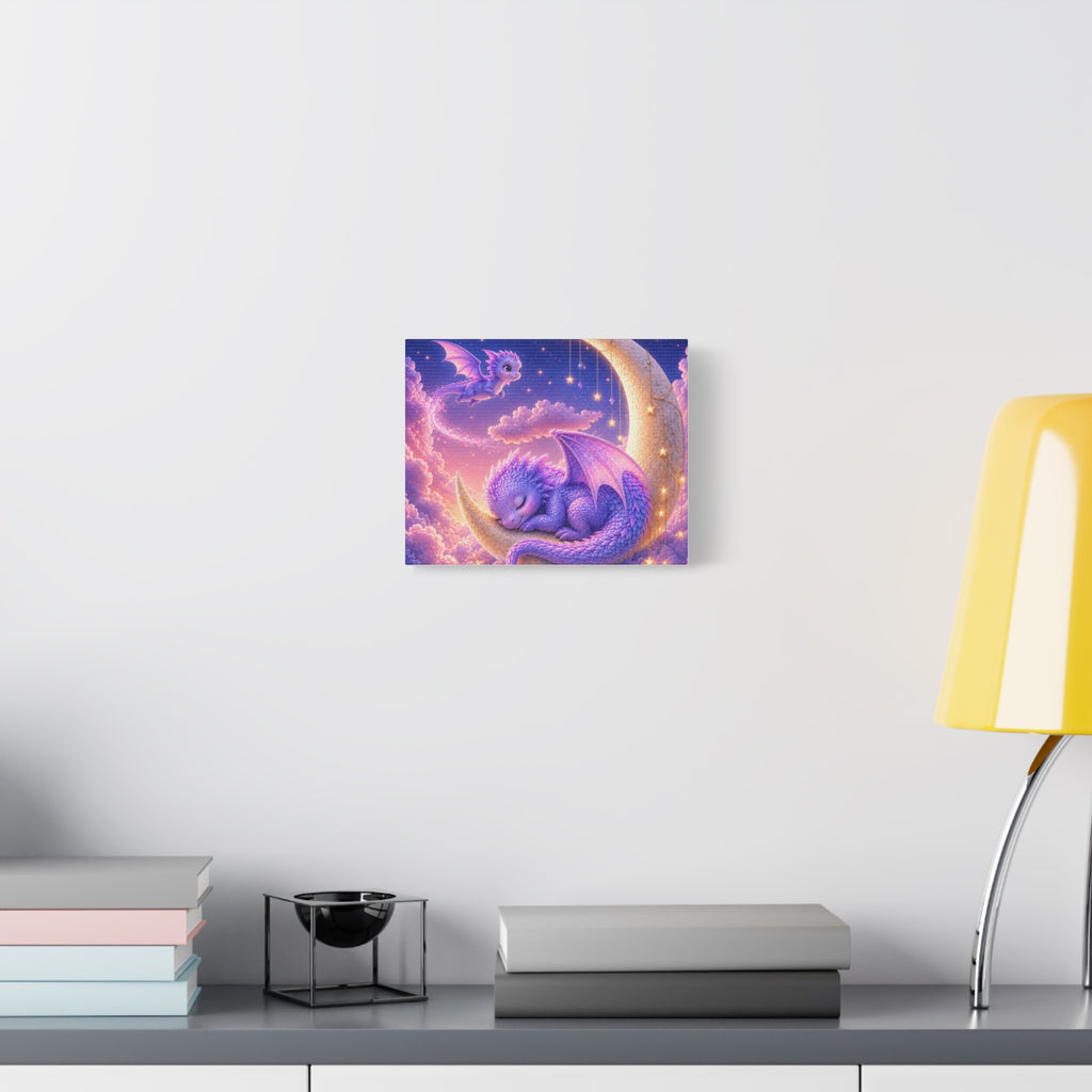 Sleeping Baby Dragon on Moon Canvas Wall Art | Fantasy Nursery Decor | Whimsical Dragon Canvas Print