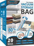 Vacuum Storage Bags, 80% Compression Vacuum Seal Space Saver Plastic Packaging Bags for Clothes, Blankets, Pillow, Bedding, Comforters, Sealer Clothing Storage,20 Combo