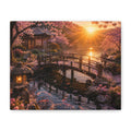 Enchanted garden bridge wall art cozy cottage floral landscape canvas print