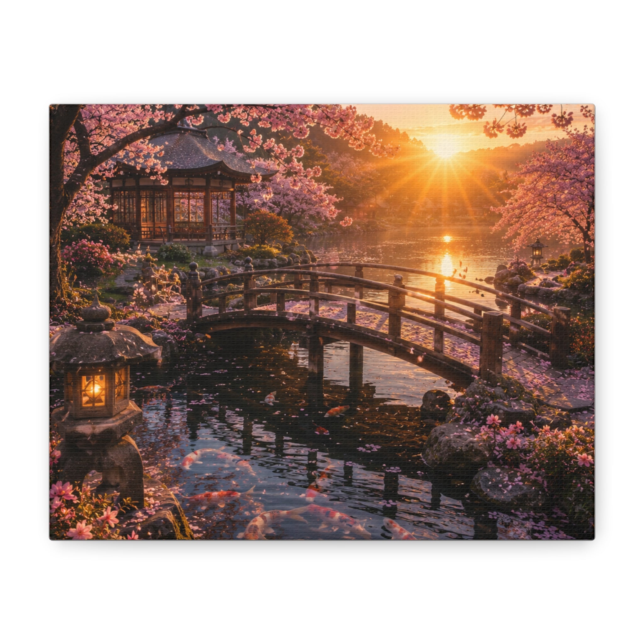 Enchanted garden bridge wall art cozy cottage floral landscape canvas print