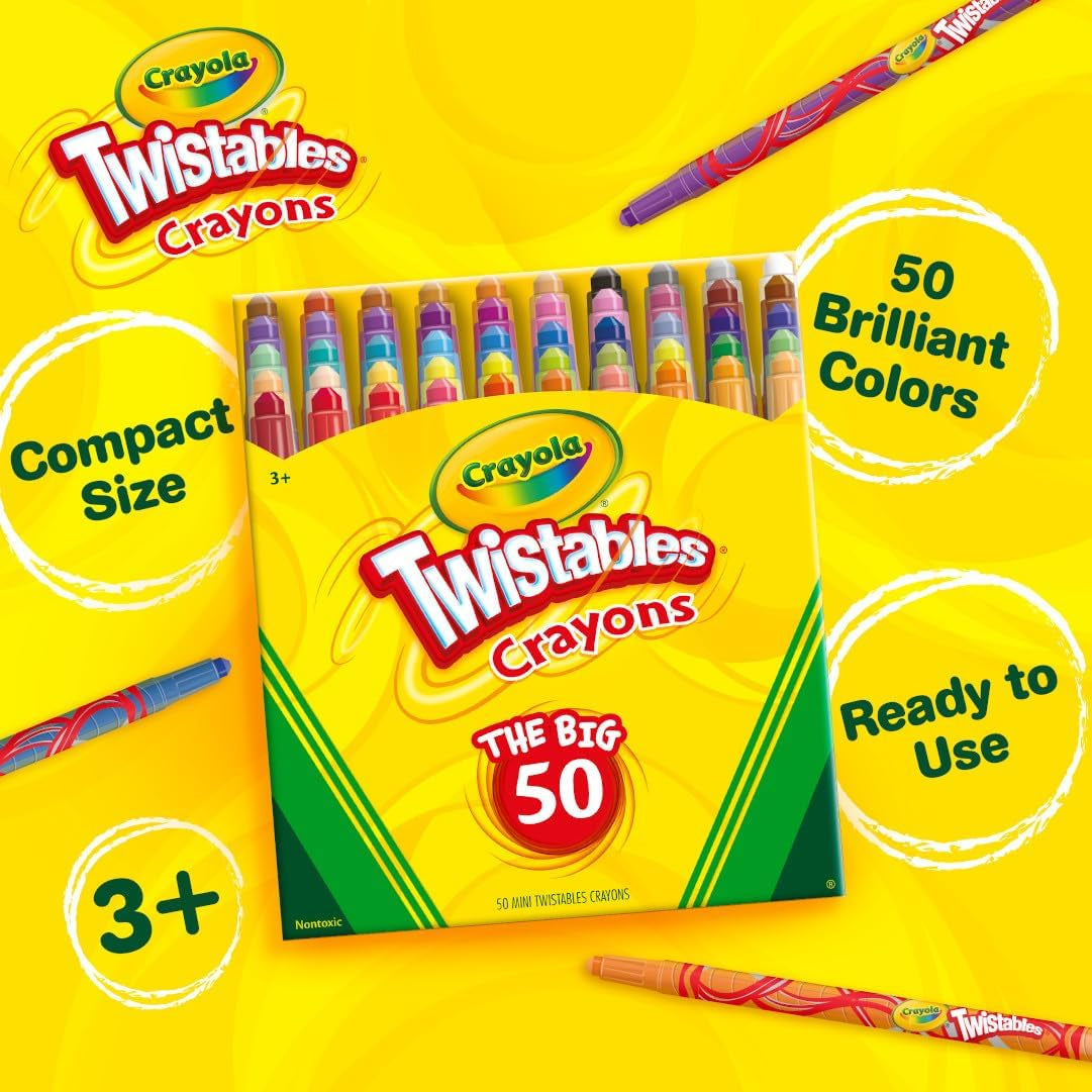 Mini Twistables Crayons for Kids (50Ct), Cute Back to School Supplies for Kids, Crayons for Coloring Books, Gift for Toddlers Girls & Boys, Arts & Crafts, 3+