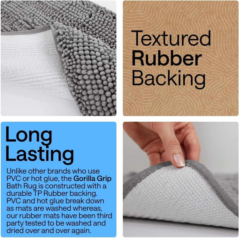 GORILLA GRIP Bath Rug Mat, Thick Soft Absorbent Chenille, Quick Dry Microfiber Mats, Rubber Backing, Machine Washable Shower Floor Rugs, Bathroom Bathmat Home Decor Accessories, 24X17 Grey