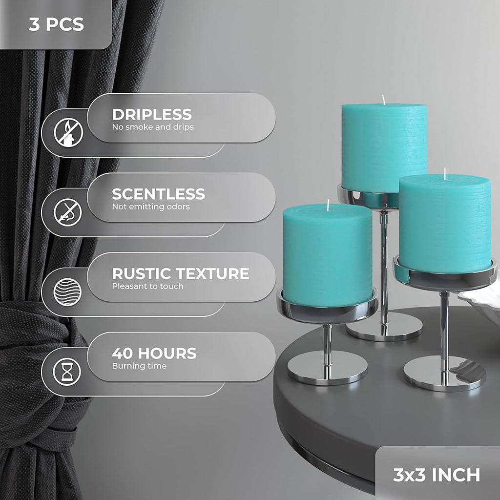 3X3 Pillar Candles Set of 3 - Rustic Unscented No Drip Turquoise Candles for Home Decor, Weddings, Centerpieces
