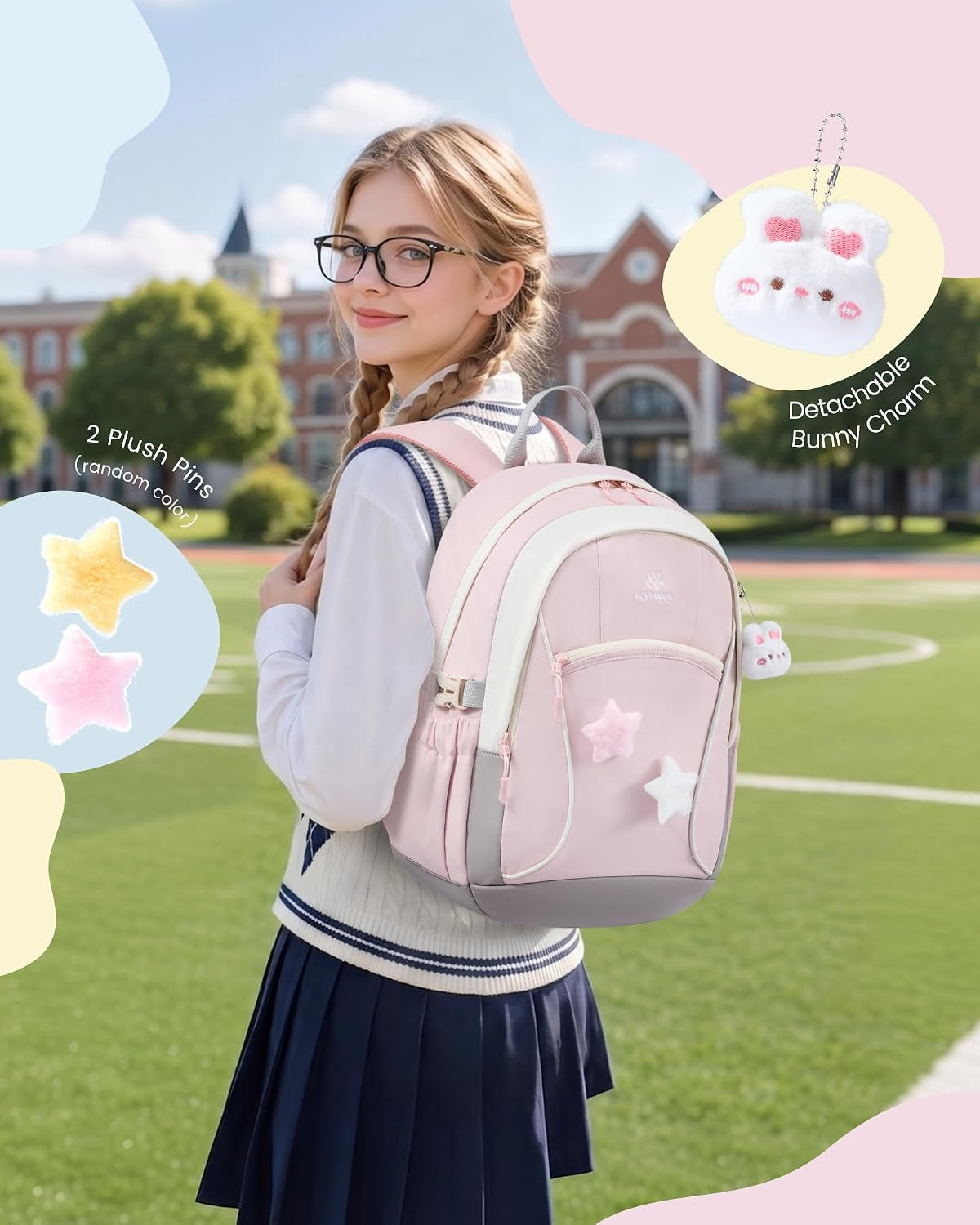 Cute School Backpack for Teen Girls & Kids, 15.6" Laptop Backpack | Lightweight Waterproof Bookbag for Girls 8-16 with Pins & Charm, Back to School Gifts for Elementary Middle School Students