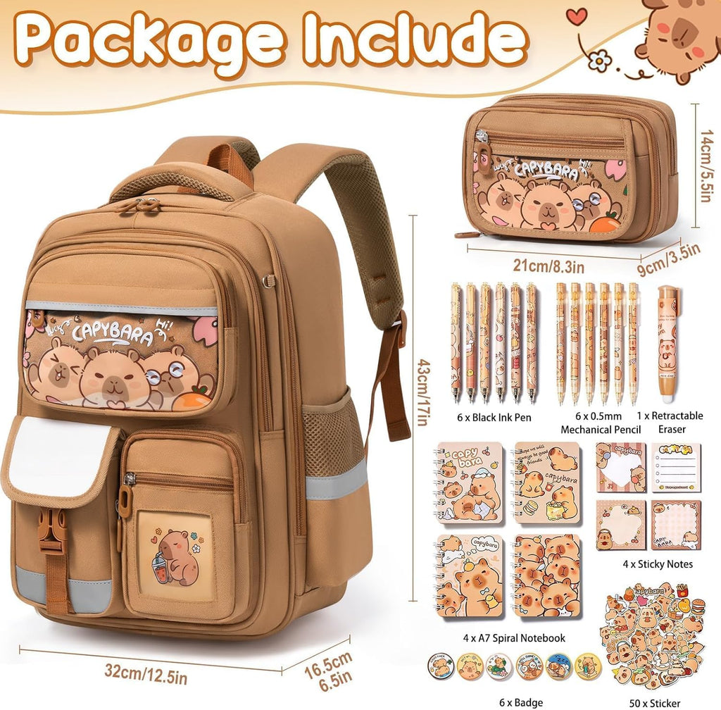 Capybara Backpack for School Girls, 30PCS Capybara School Supplies | Stationery Set with Bookbag Pencil Case Pins Gel Pens Pencils Notebooks for Back to School Kindergarten Elementary Student