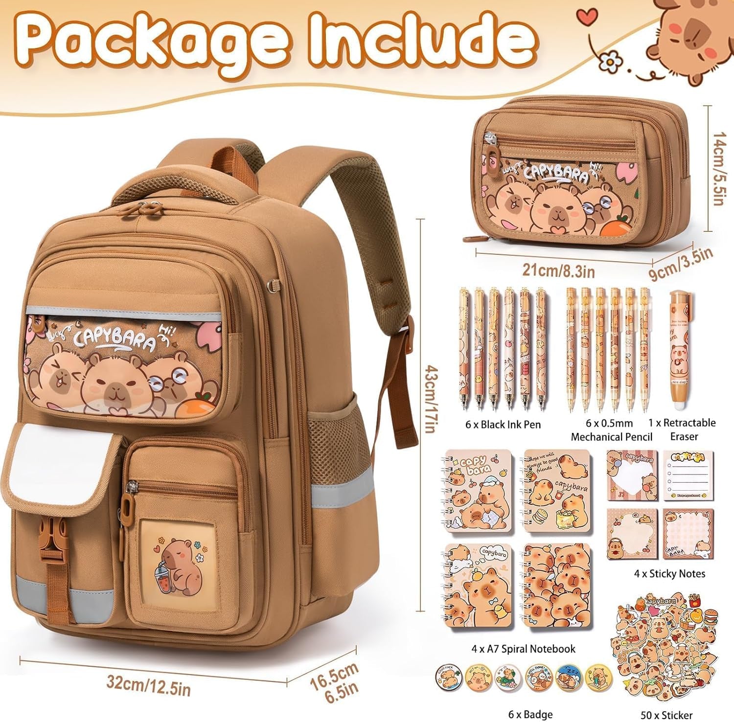 Capybara Backpack for School Girls, 30PCS Capybara School Supplies | Stationery Set with Bookbag Pencil Case Pins Gel Pens Pencils Notebooks for Back to School Kindergarten Elementary Student