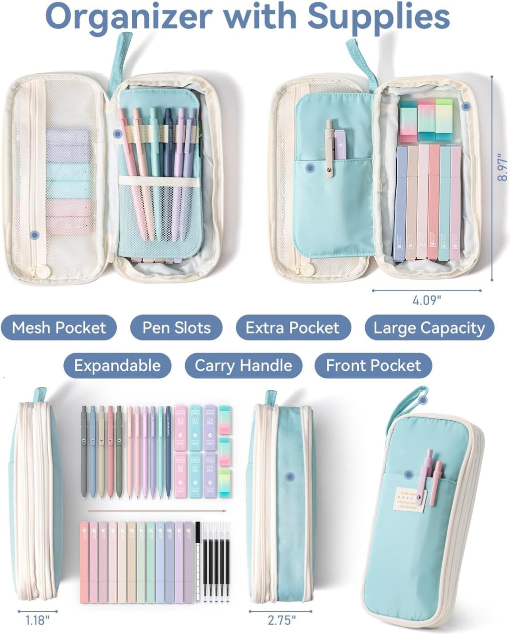 School Supplies with Cute Pen Case, 39Ct, Blue | Back to School Stationery Set, Essentials for College & Nursing Students, 5 Gel Pens, 6 Mechanical Pencils, 12 Highlighters