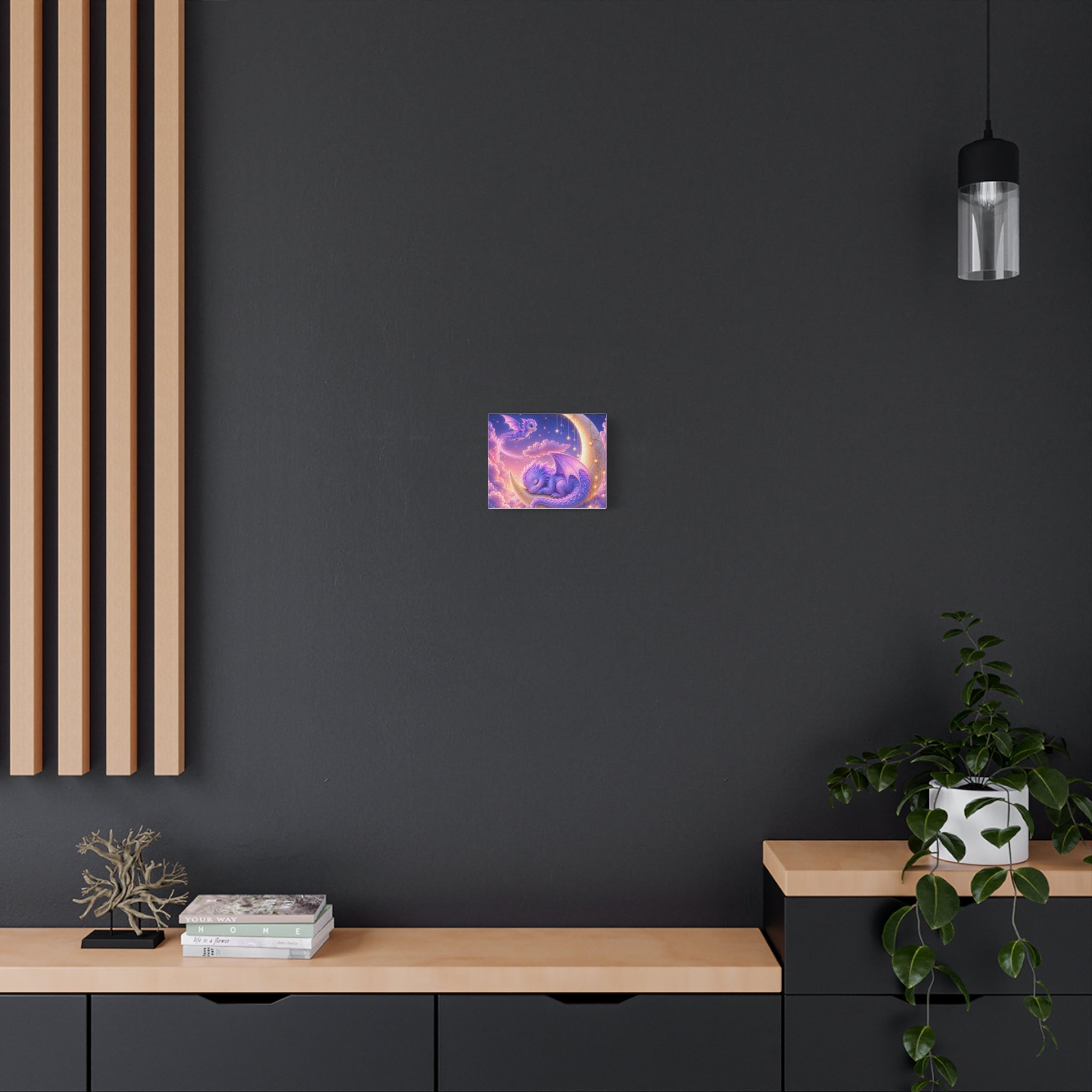 Sleeping Baby Dragon on Moon Canvas Wall Art | Fantasy Nursery Decor | Whimsical Dragon Canvas Print