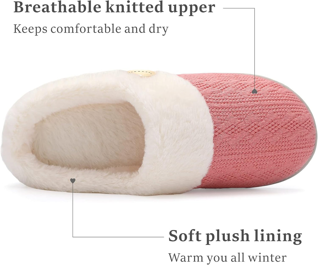 Womens Slipper Warm Comfy Memory Foam House Slippers Knitted Shoes Faux Fur Lined Anti-Skid Rubber Sole Bedroom Cozy Indoor Outdoor Slippers