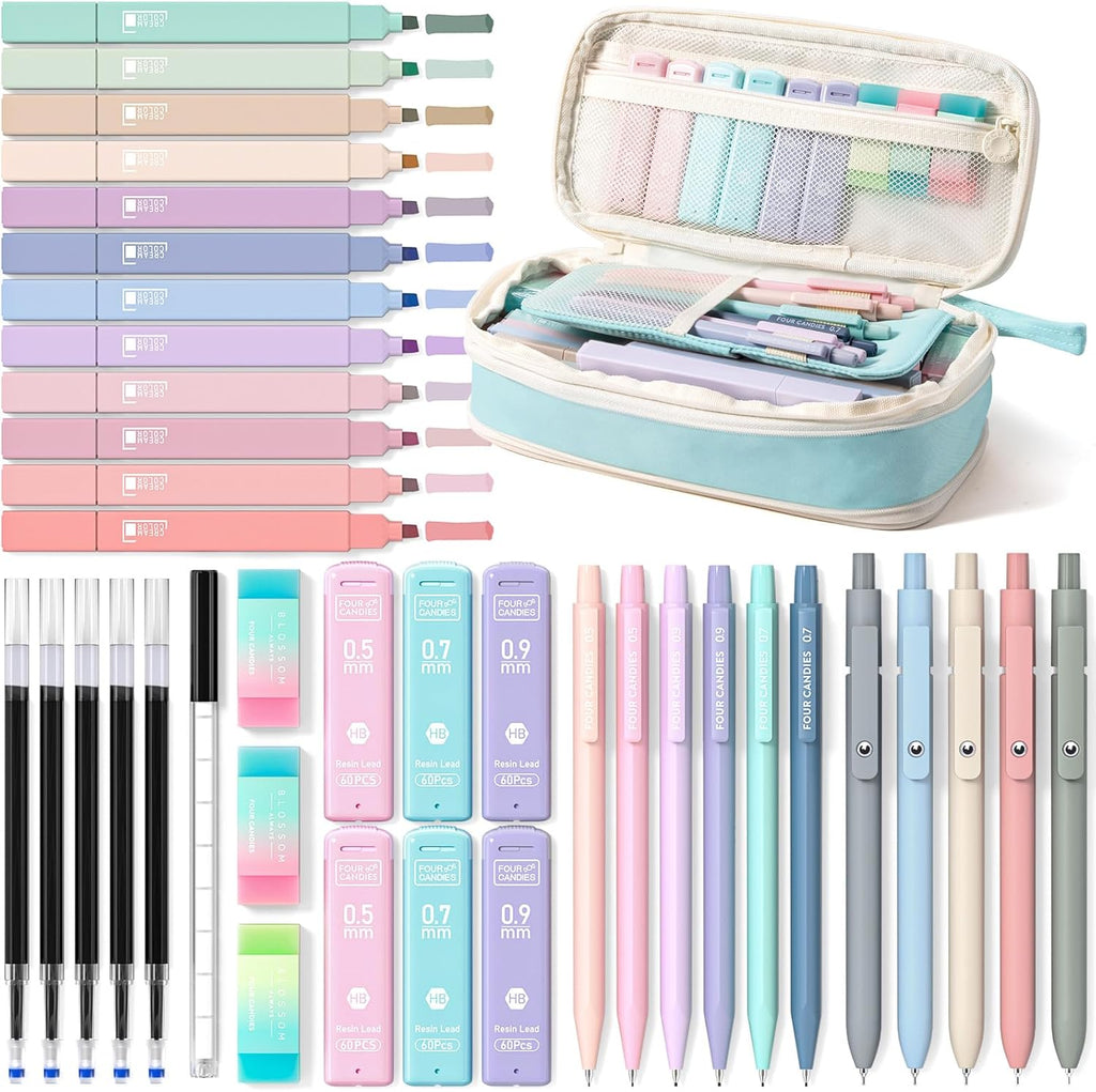 School Supplies with Cute Pen Case, 39Ct, Blue | Back to School Stationery Set, Essentials for College & Nursing Students, 5 Gel Pens, 6 Mechanical Pencils, 12 Highlighters