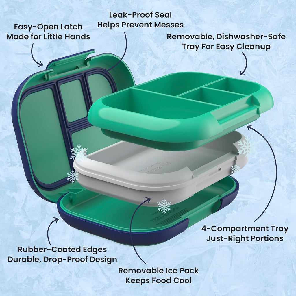 Bentgo Chill Kids 4-Compartment Bento Box Leakproof Lunch Box | Built-In Ice Pack, 3.3 Cup Capacity, Bpa-Free, Microwave & Dishwasher Safe Tray, Ideal for Ages 3–7 (Green/Navy)