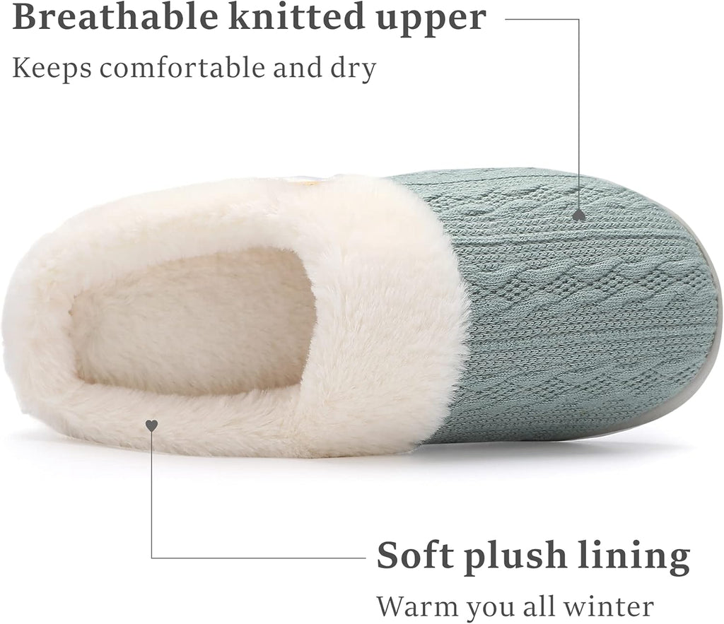 Womens Slipper Warm Comfy Memory Foam House Slippers Knitted Shoes Faux Fur Lined Anti-Skid Rubber Sole Bedroom Cozy Indoor Outdoor Slippers