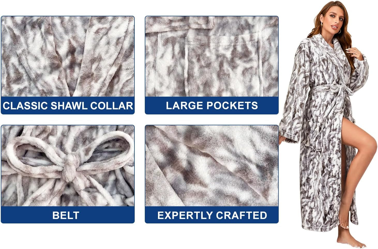 Womens Bathrobe Ladies Fleece Plush Warm Long Robes Fleece Nightgown Sleepwear