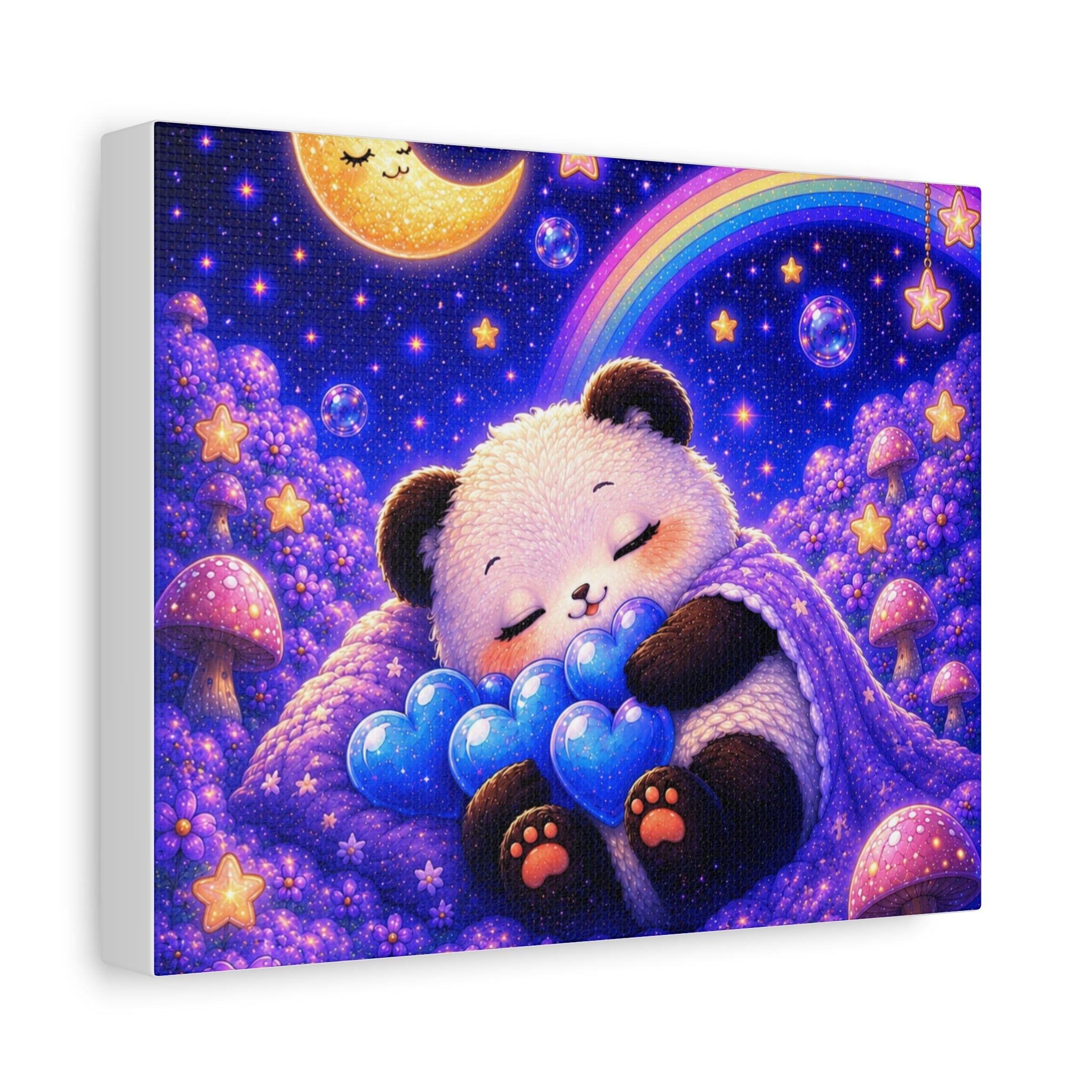 Sleeping Baby Panda Canvas Wall Art | Whimsical Nursery Decor | Dreamy Moon & Rainbow Print